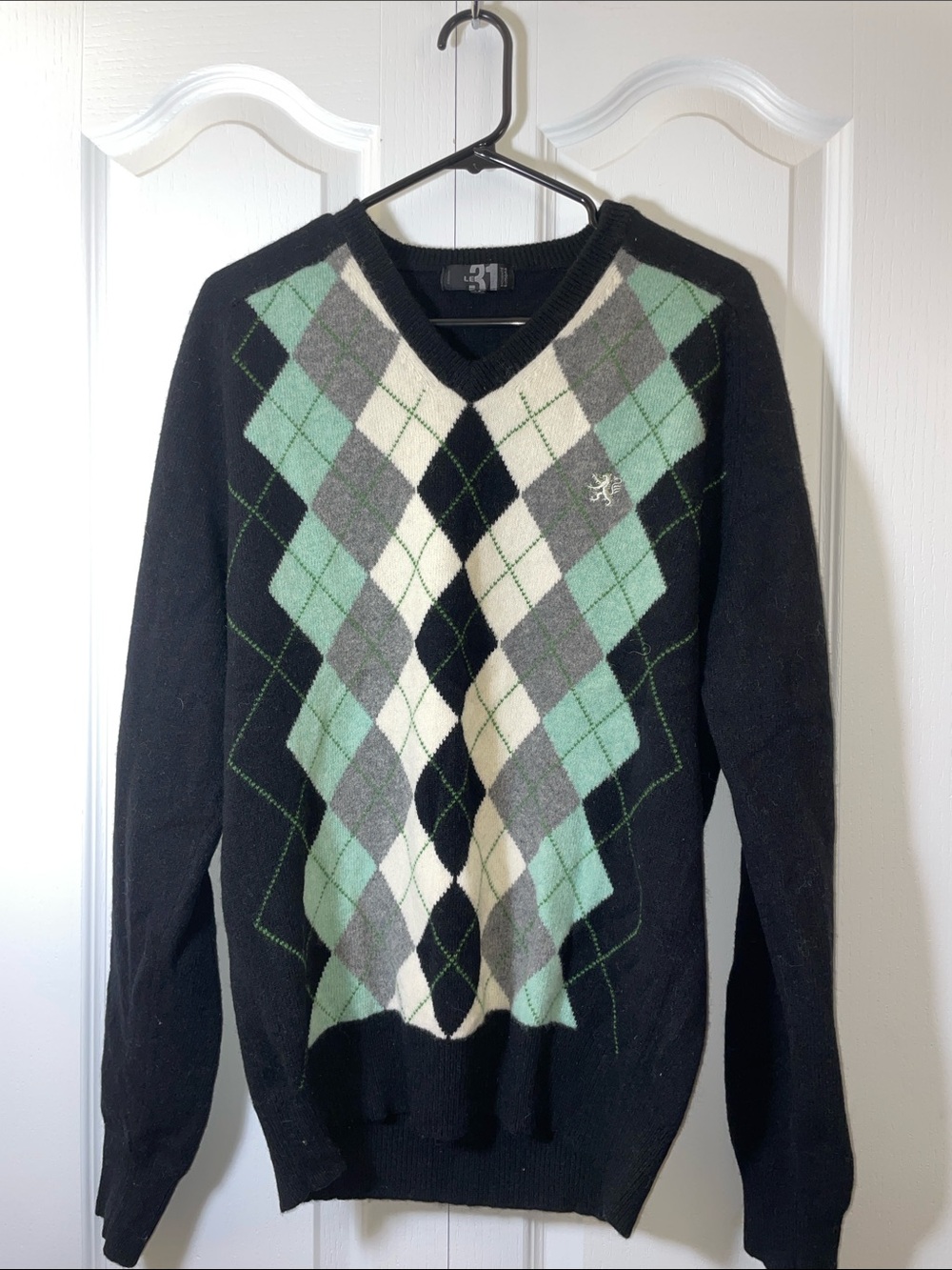Simons 100% Wool Black V-Neck Argyle Sweater with Mint and Gray